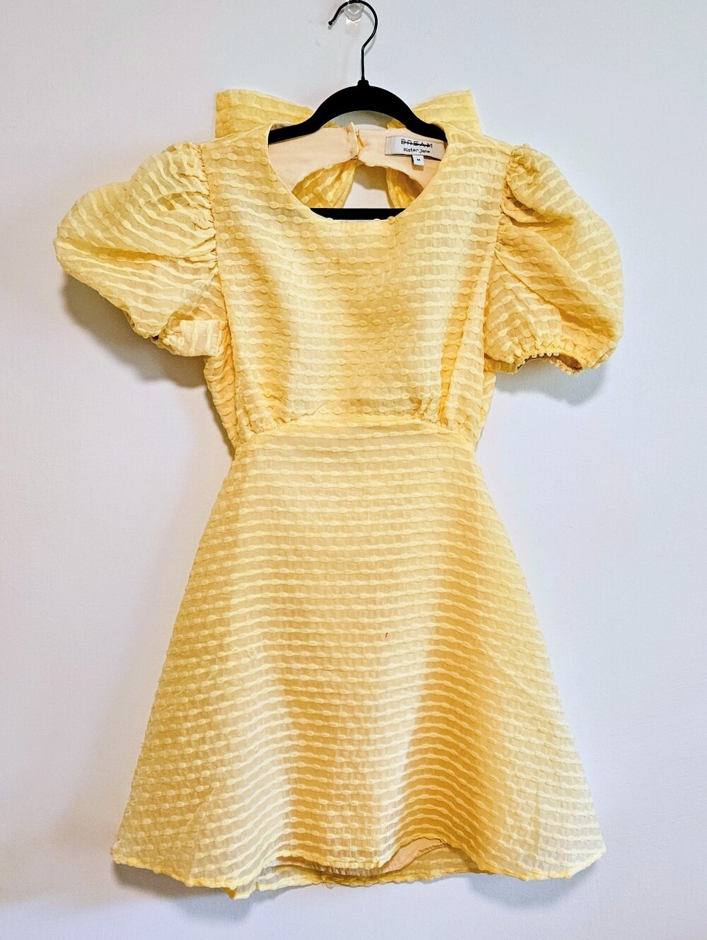 Sister Jane Sherbet Open Back Bow Mini Yellow Limed Dress Puff Sleeve Size M